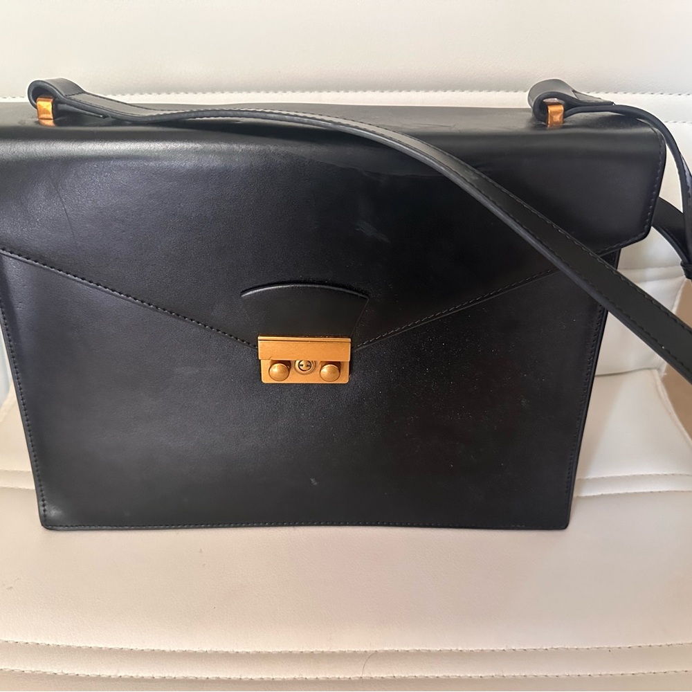 Black Leather Shoulder Bag/Briefcase with Gold Accents